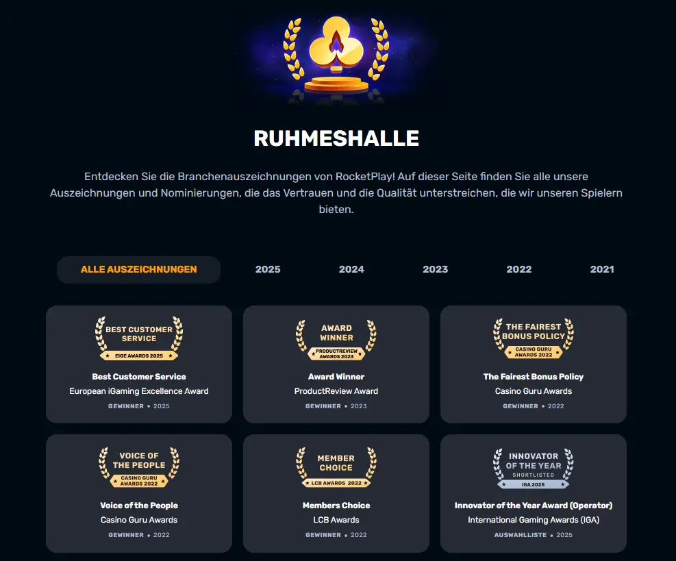 RocketPlay Online Casino Ruhmeshalle
