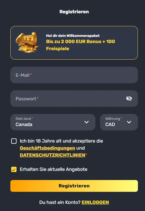 Registration für Casino Rocket Play Online